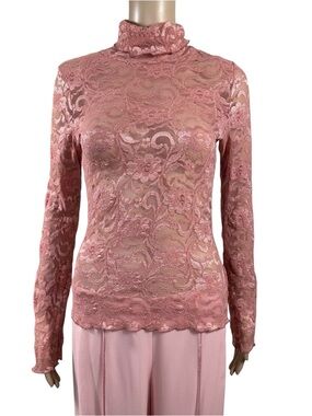 Blush Pink Lace Long-Sleeve Turtleneck top with a hint of sheen Semi-Sheer Sz L